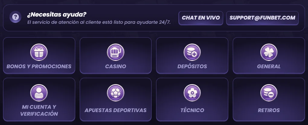 FunBet Casino Ayuda y Soporte al Cliente FunBet Casino centro de ayuda con chat en vivo, soporte y categorías de atención